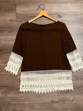 Cotton Blend Top Cream Crochet Trim Boho-Chic Gauze 3/4 Sleeves